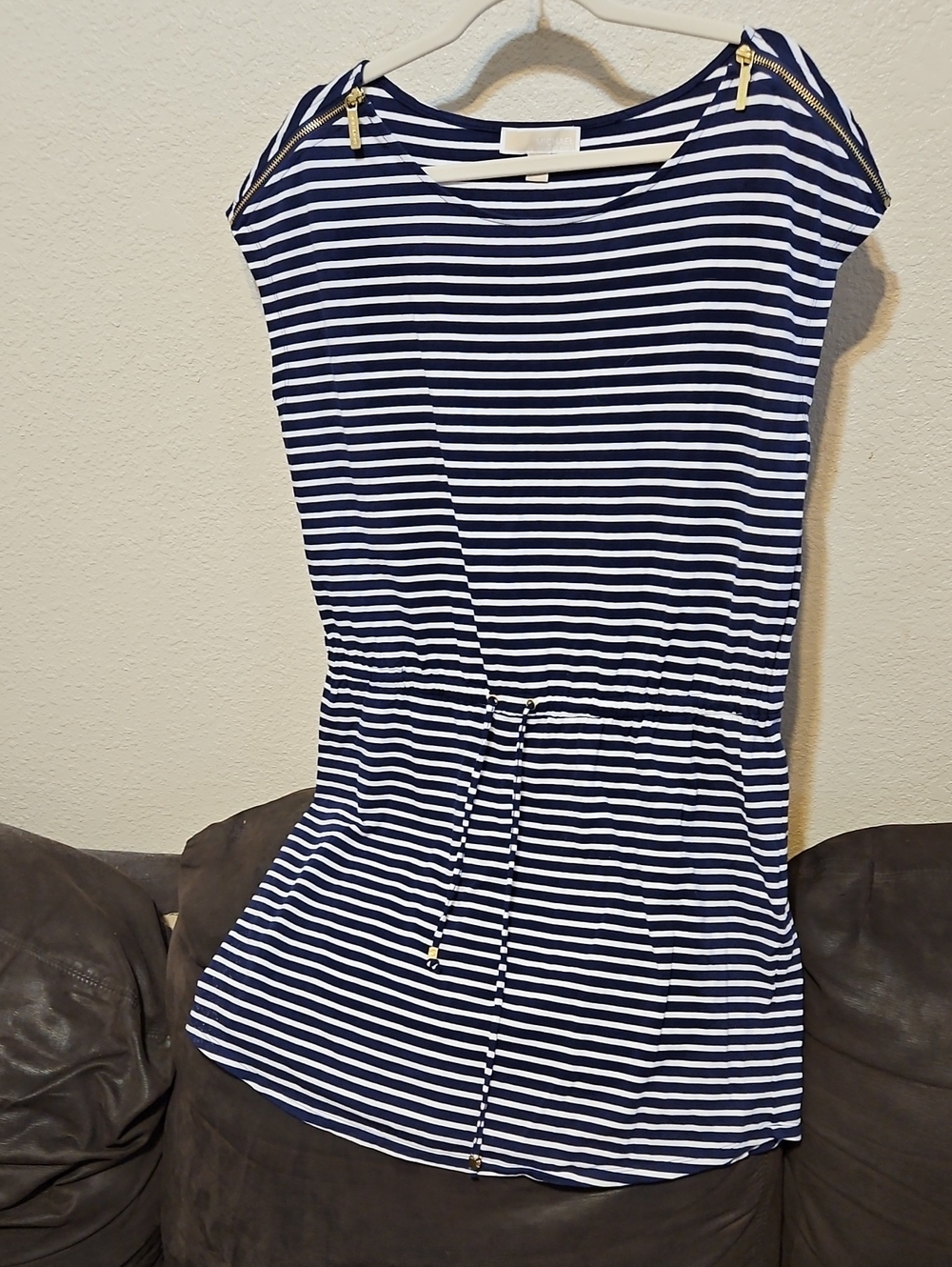 Michael Kors Navy and White Striped Midi Dress with Gold Zipper Accents